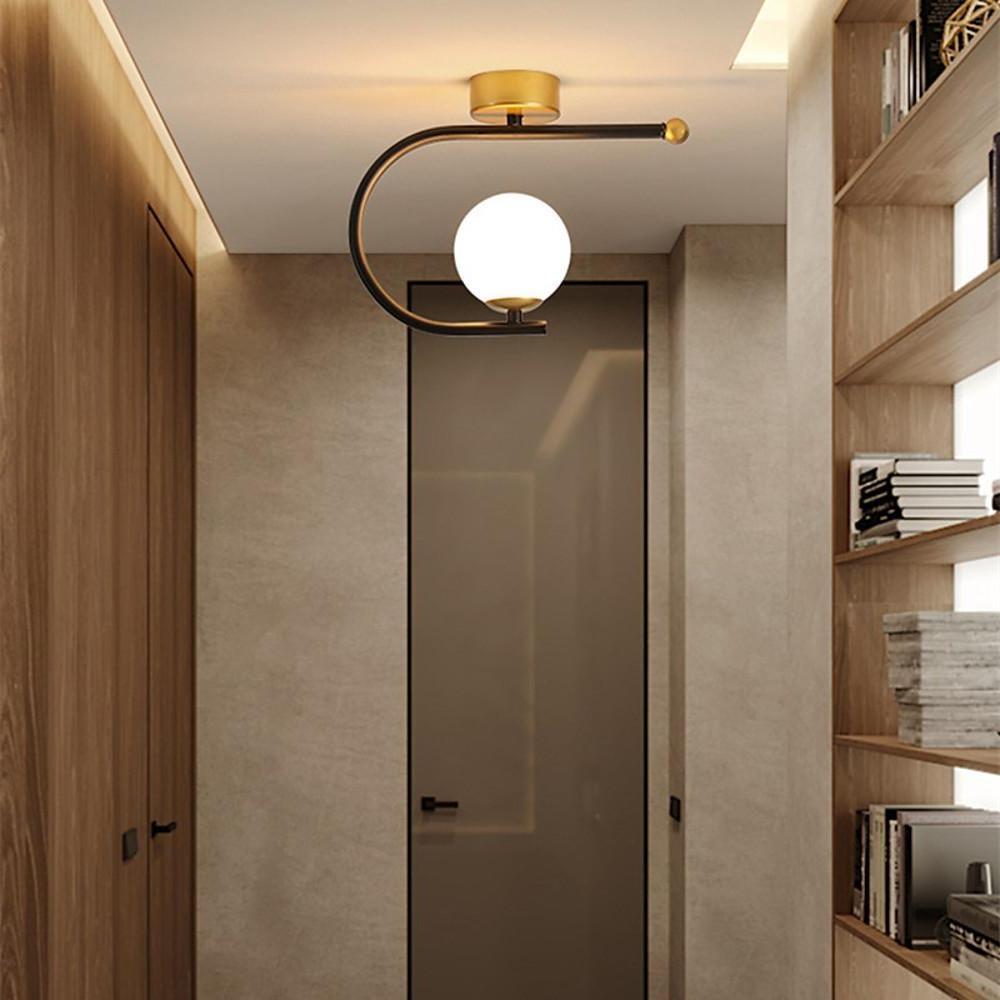 Modern Industrial Black Metal Curve Flush Mount Ceiling Light with Glass Globe LED