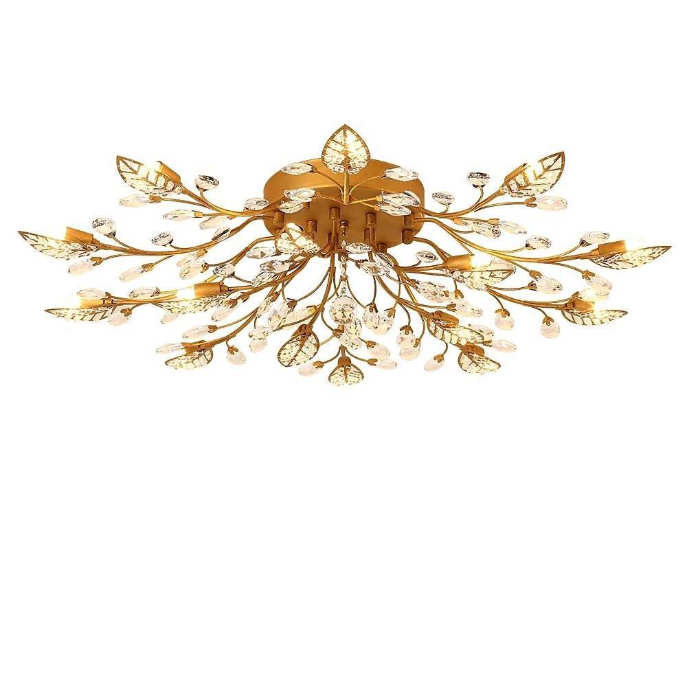 Vintage Crystal Leaf Flush Mount Ceiling Chandelier with Antique Brass Finish and Iron Glass Elements