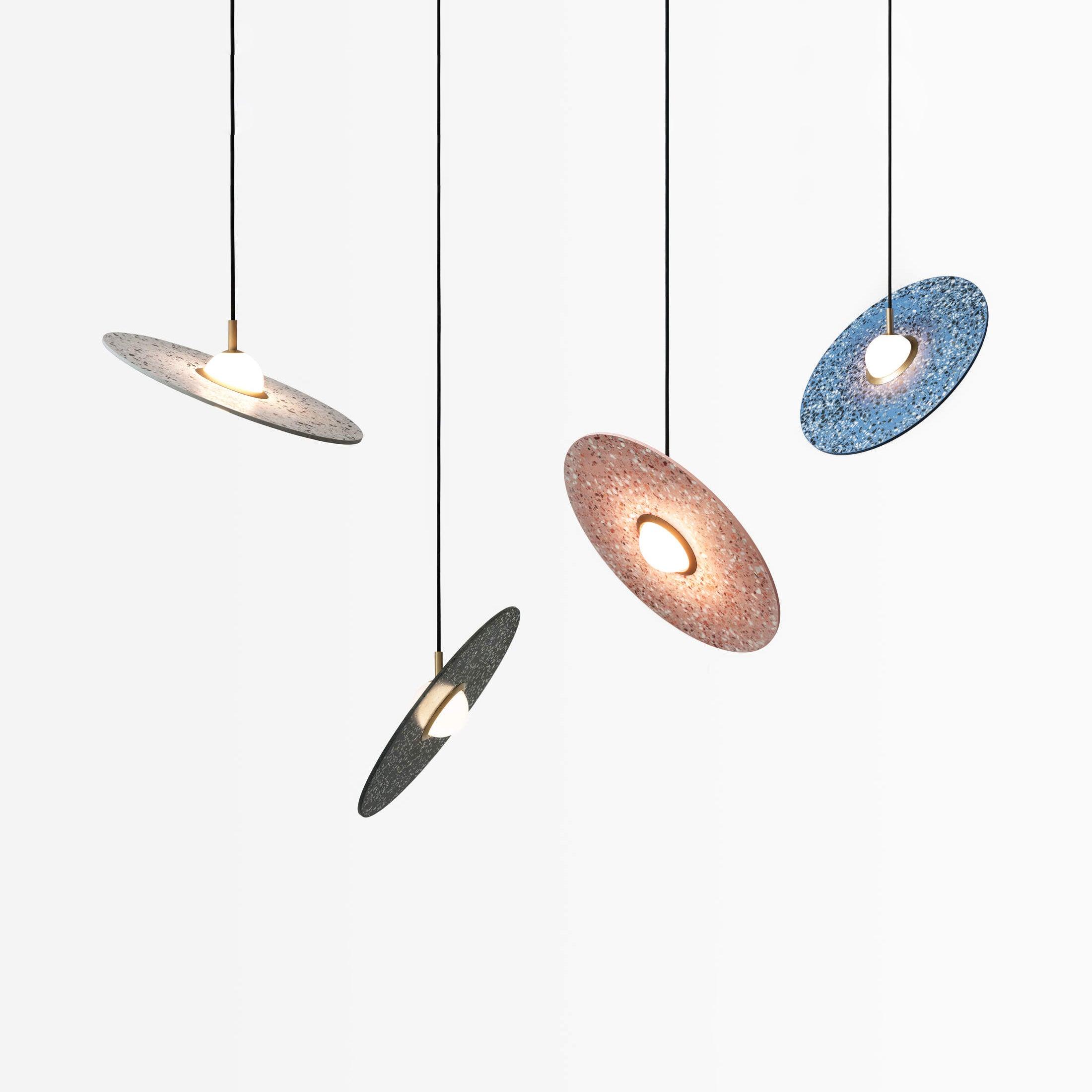 Terrazzo and Brass Planet Pendant Light with Opaque Glass Globe for Modern Interiors