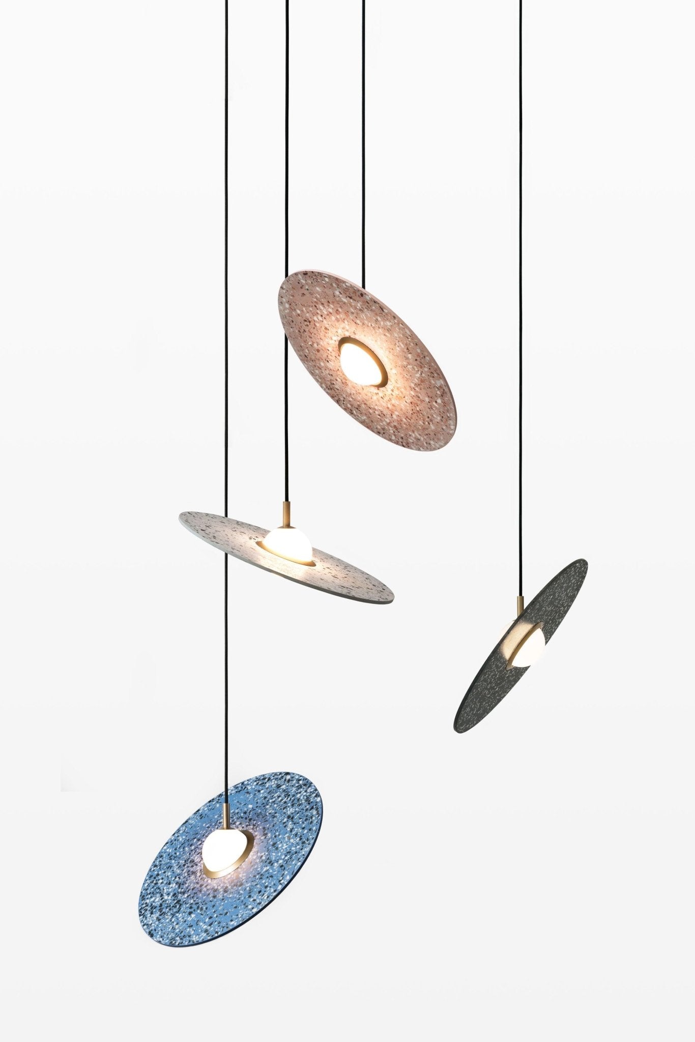 Terrazzo and Brass Planet Pendant Light with Opaque Glass Globe for Modern Interiors