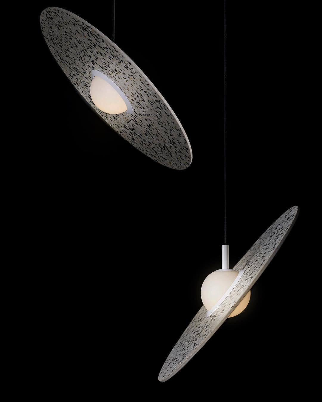 Terrazzo and Brass Planet Pendant Light with Opaque Glass Globe for Modern Interiors