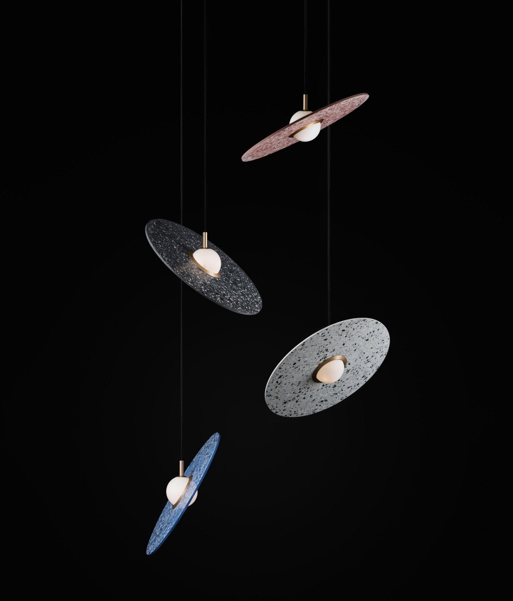 Terrazzo and Brass Planet Pendant Light with Opaque Glass Globe for Modern Interiors