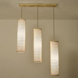 Three Light Bamboo Cylinder Pendant Light Cluster for Farmhouse Kitchen Island Linear and Staggered
