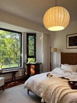 Traditional Spherical Fabric Lantern Pendant Light with Walnut and Gold Accents