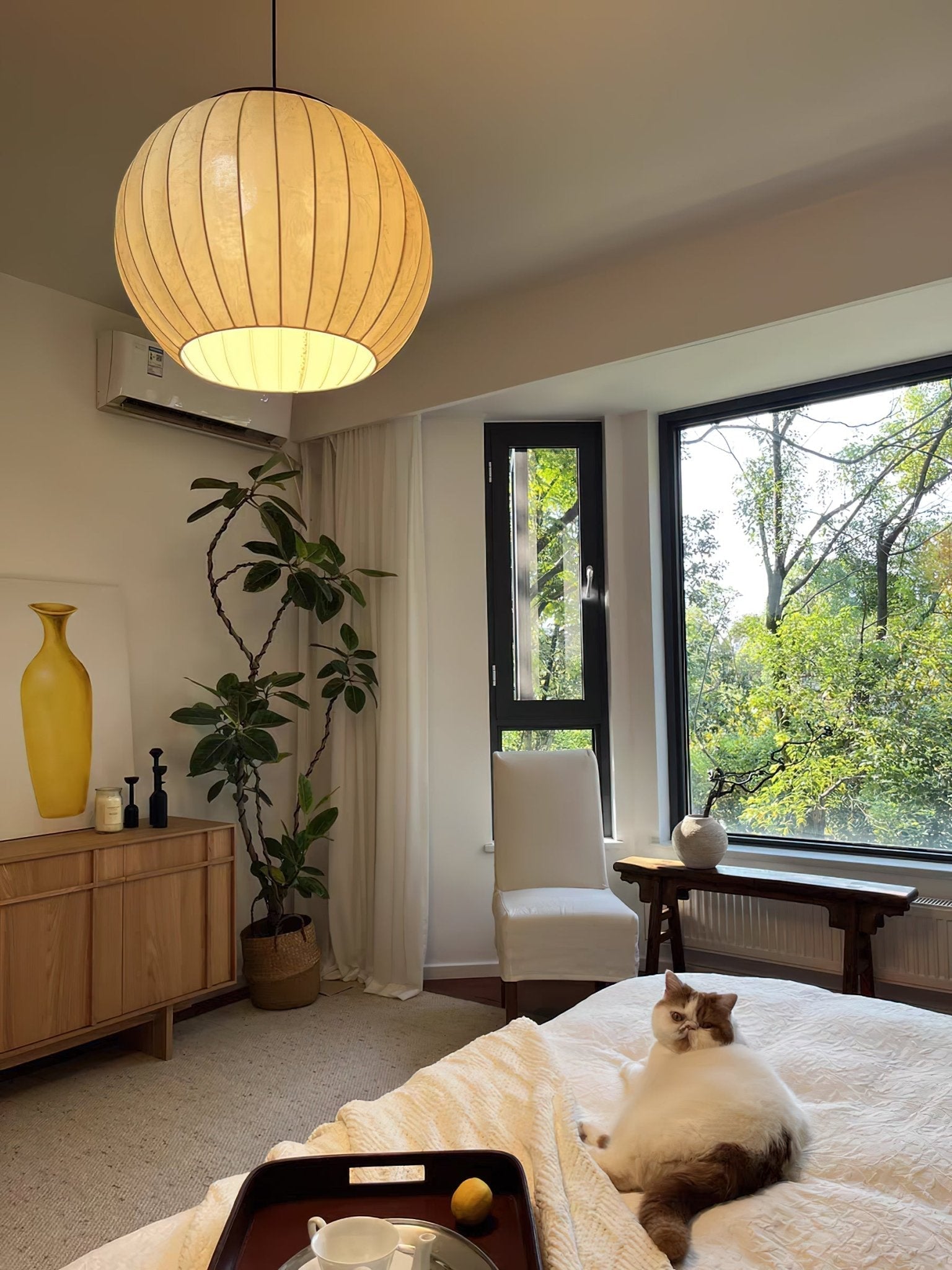 Traditional Spherical Fabric Lantern Pendant Light with Walnut and Gold Accents