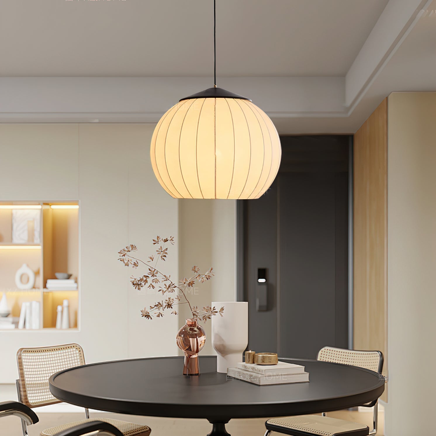 Traditional Spherical Fabric Lantern Pendant Light with Walnut and Gold Accents