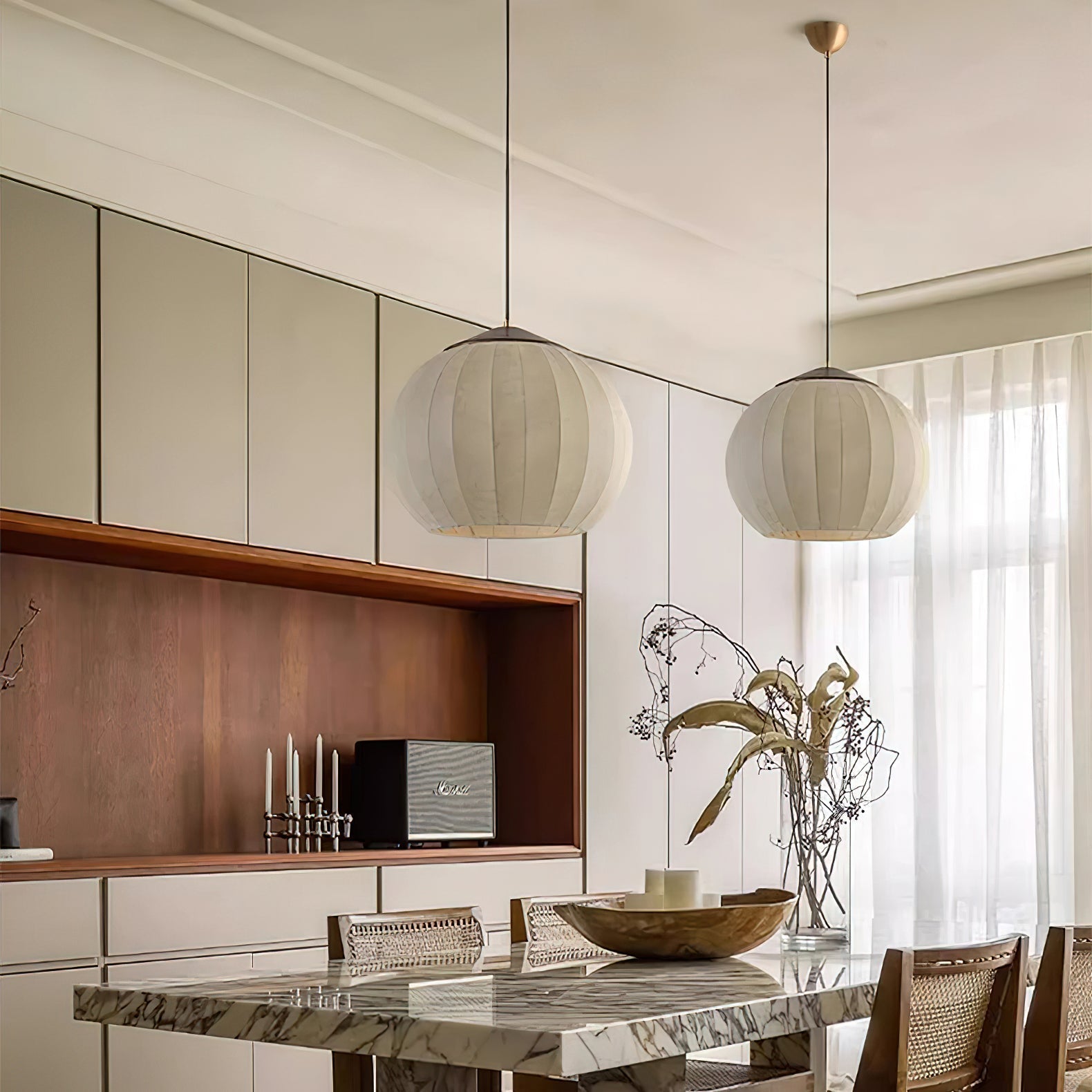 Traditional Spherical Fabric Lantern Pendant Light with Walnut and Gold Accents