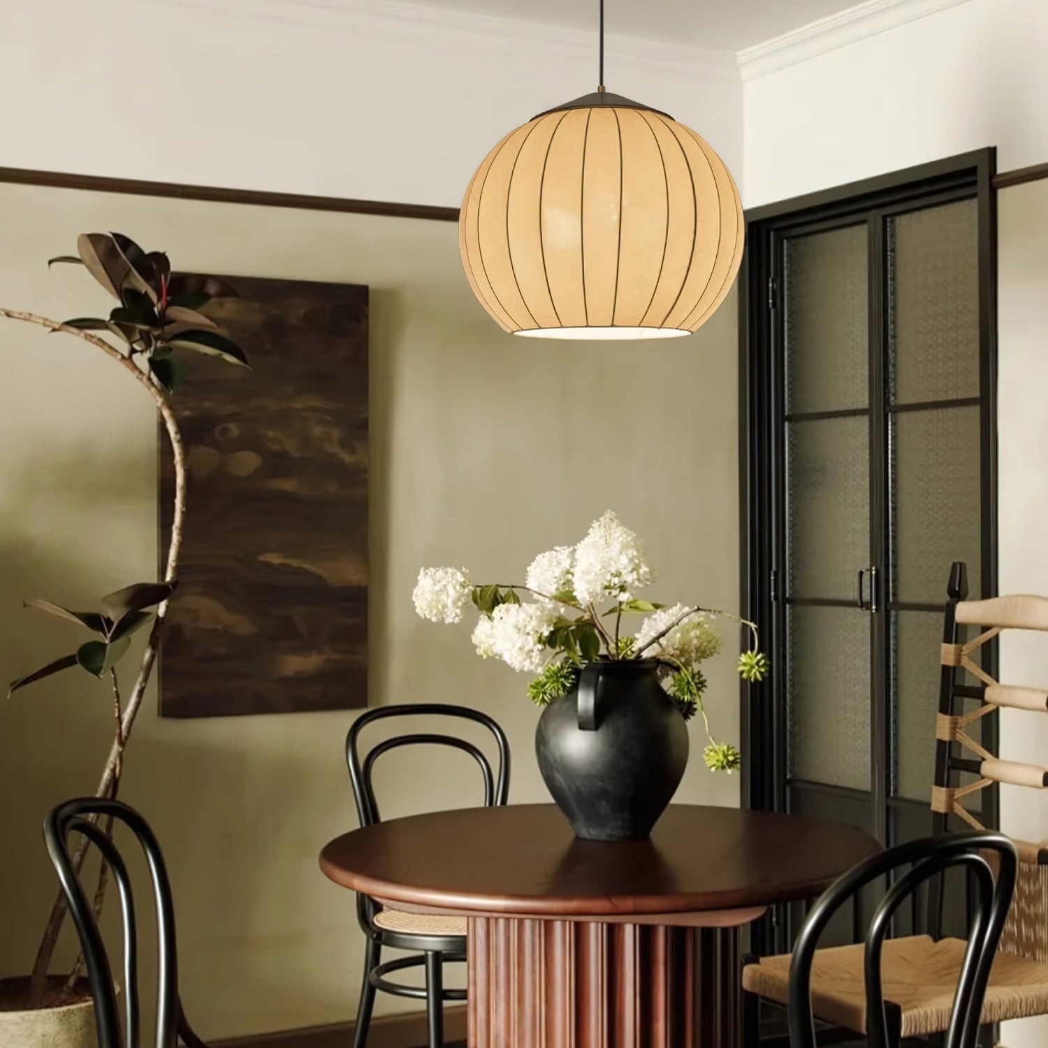 Traditional Spherical Fabric Lantern Pendant Light with Walnut and Gold Accents