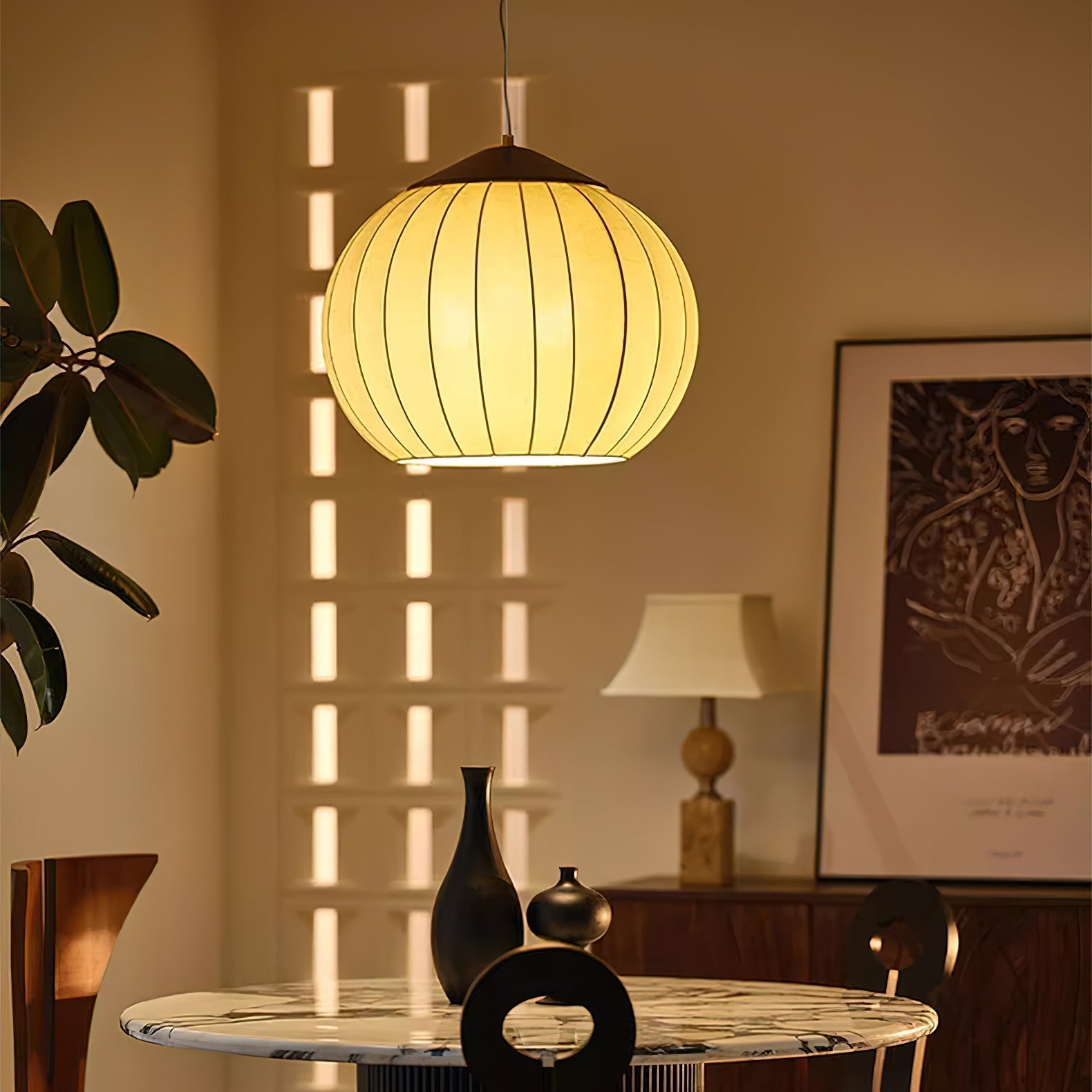 Traditional Spherical Fabric Lantern Pendant Light with Walnut and Gold Accents