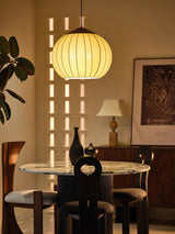 Traditional Spherical Fabric Lantern Pendant Light with Walnut and Gold Accents
