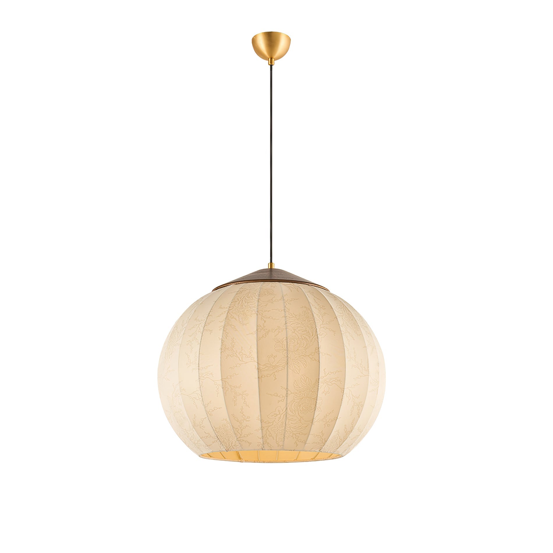 Traditional Spherical Fabric Lantern Pendant Light with Walnut and Gold Accents
