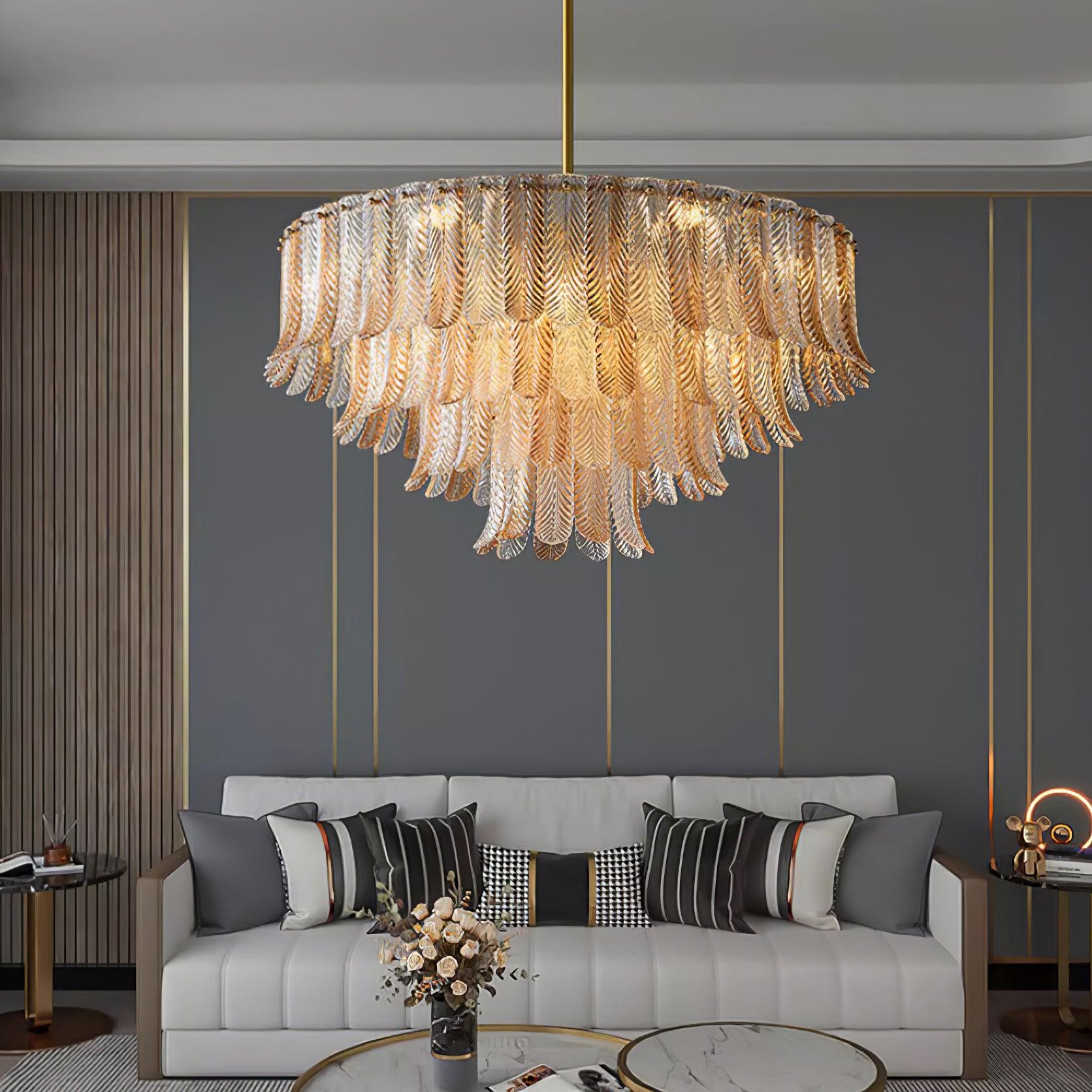 Tribeca Elegant Amber Glass Leaf Chandelier Modern Brass Ceiling Pendant Light