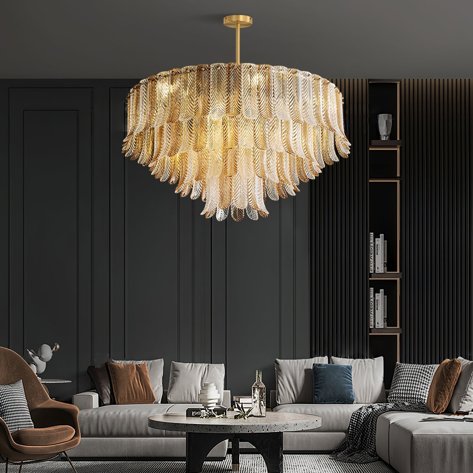 Tribeca Elegant Amber Glass Leaf Chandelier Modern Brass Ceiling Pendant Light