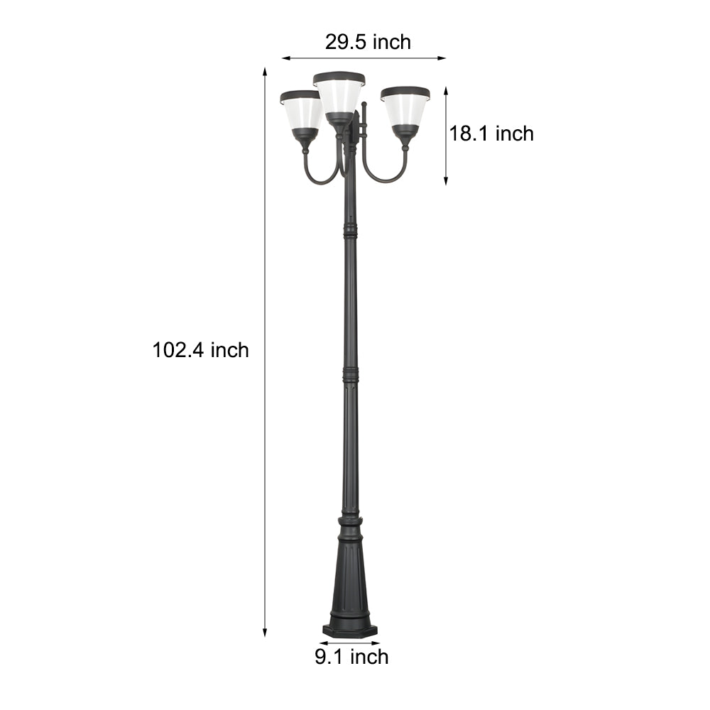 Triple Head Solar Powered Outdoor Street Lamp with Traditional Black Aluminum Post for Garden and Pathway