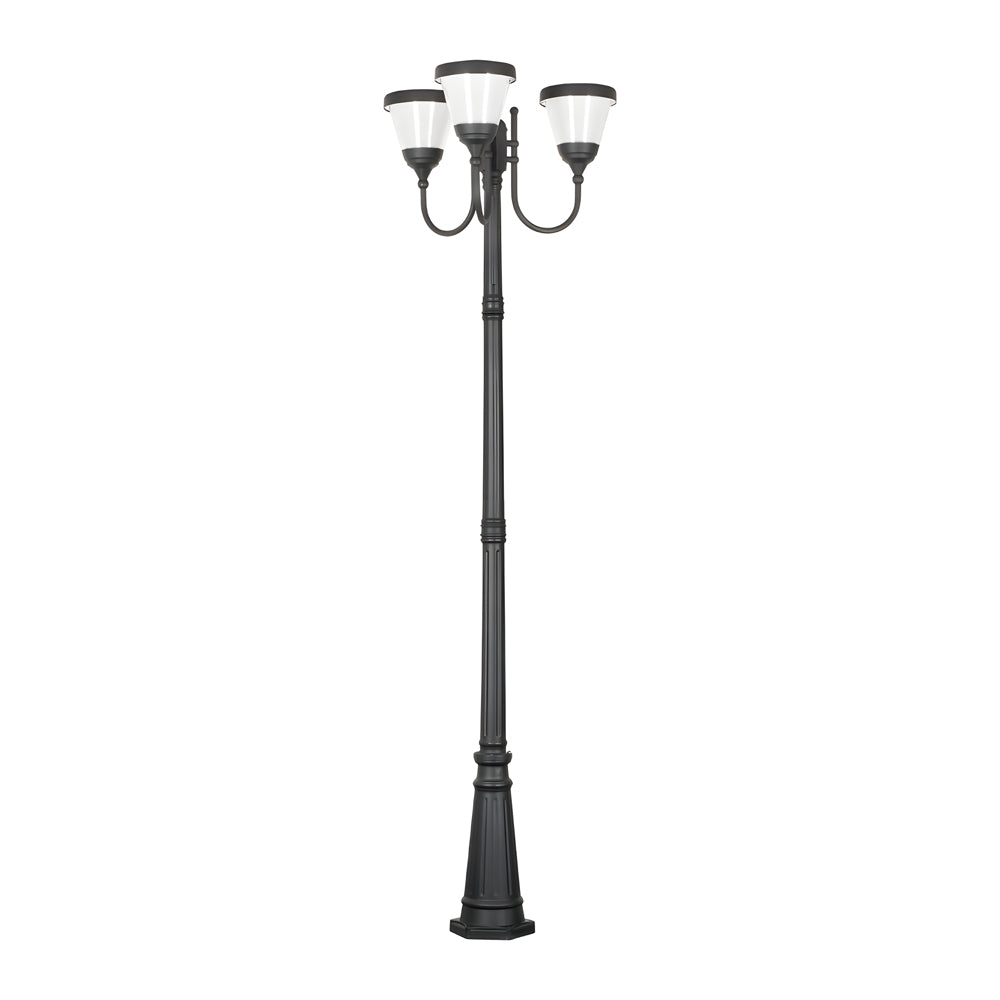Triple Head Solar Powered Outdoor Street Lamp with Traditional Black Aluminum Post for Garden and Pathway