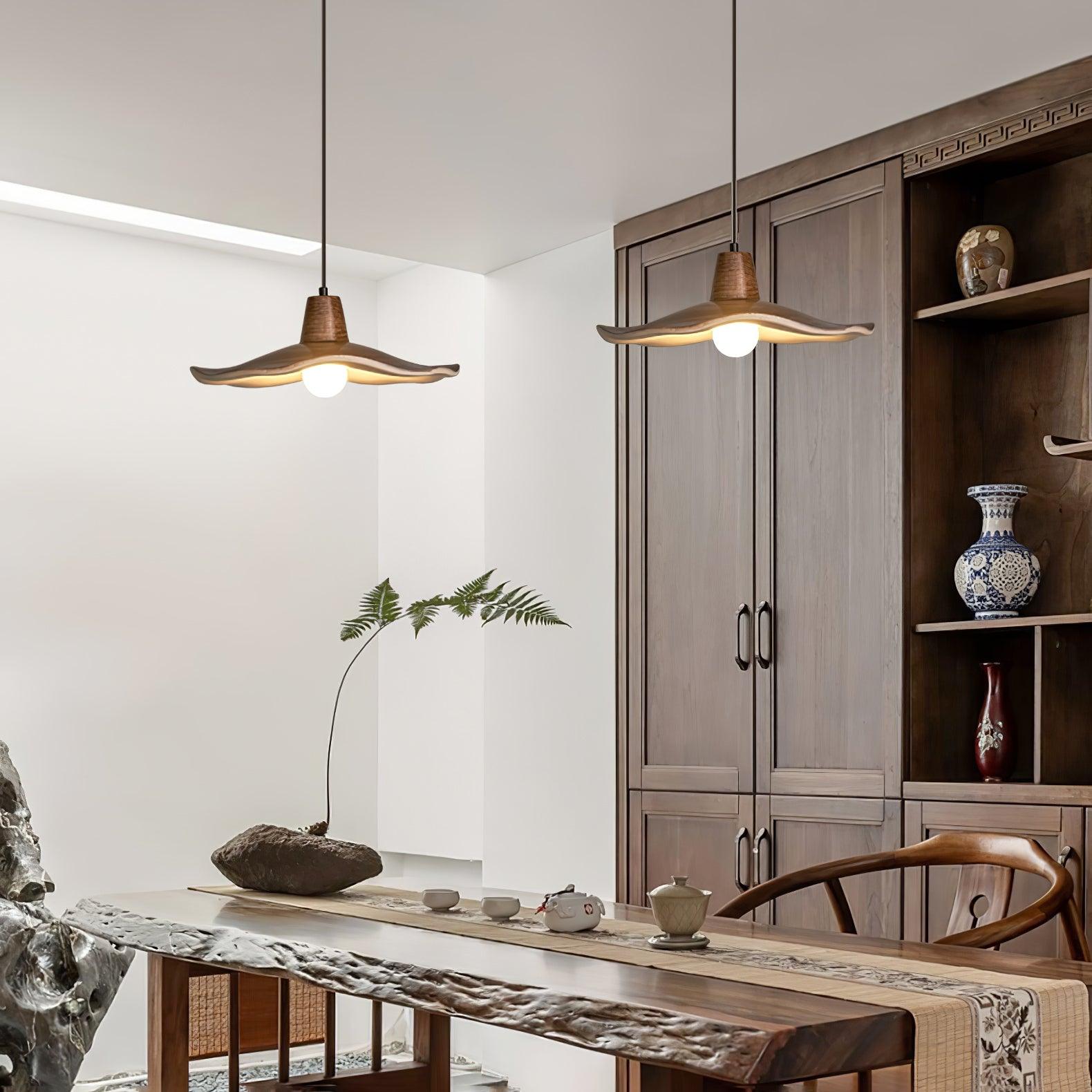 Tropez Modern Organic Sun Hat Pendant Light with Walnut Finish Resin Shade for Dining Areas