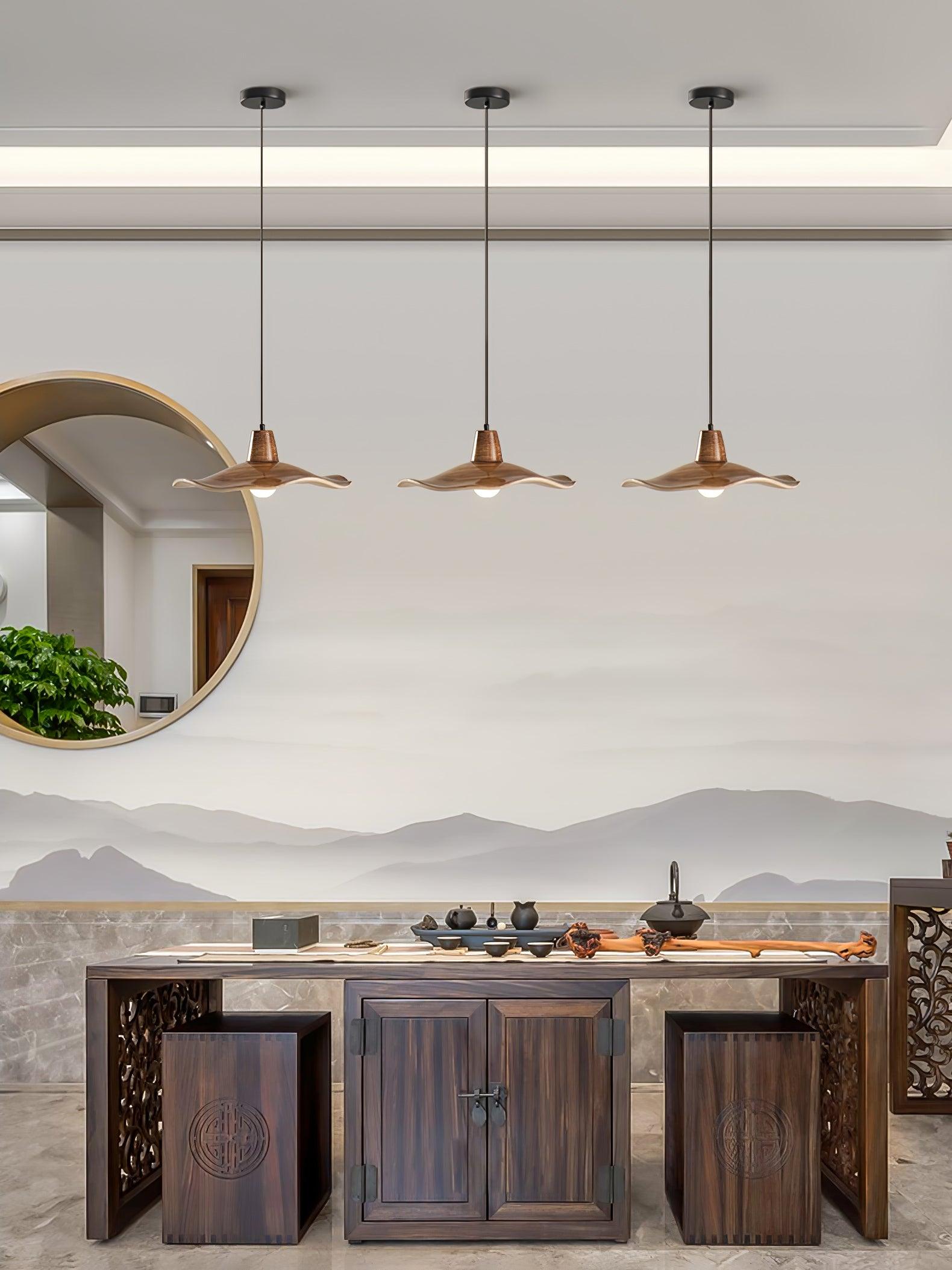 Tropez Modern Organic Sun Hat Pendant Light with Walnut Finish Resin Shade for Dining Areas