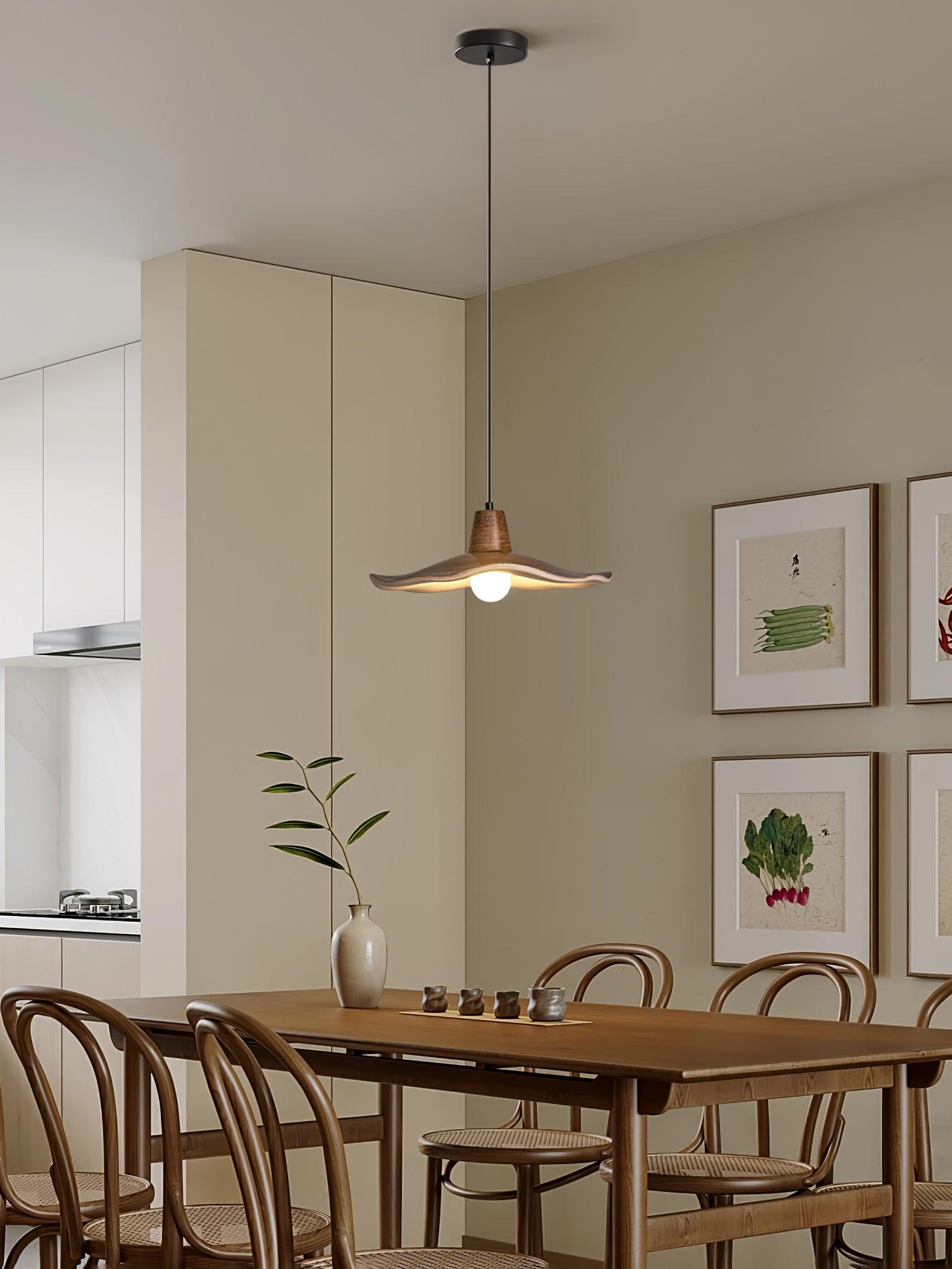 Tropez Modern Organic Sun Hat Pendant Light with Walnut Finish Resin Shade for Dining Areas