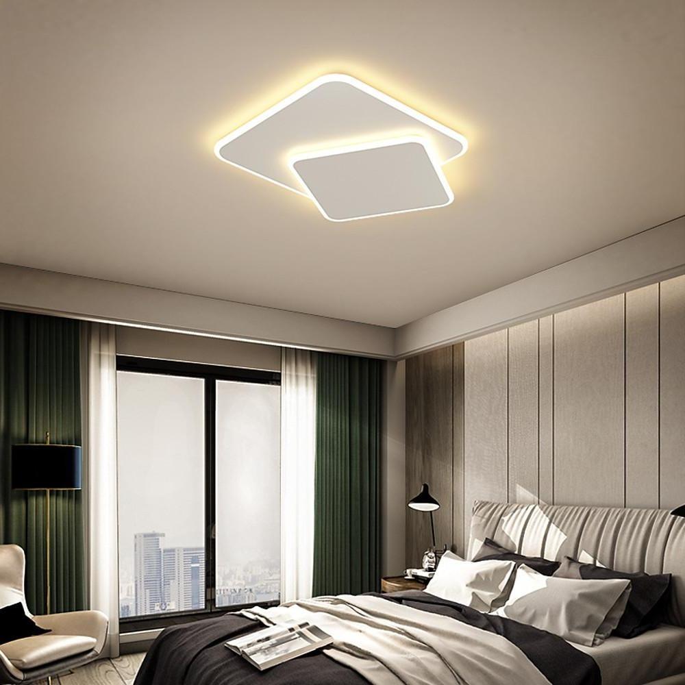Modern White Square LED Flush Mount Ceiling Light Fixture for Bedroom and Living Room Geometric Two Tier Lighting
