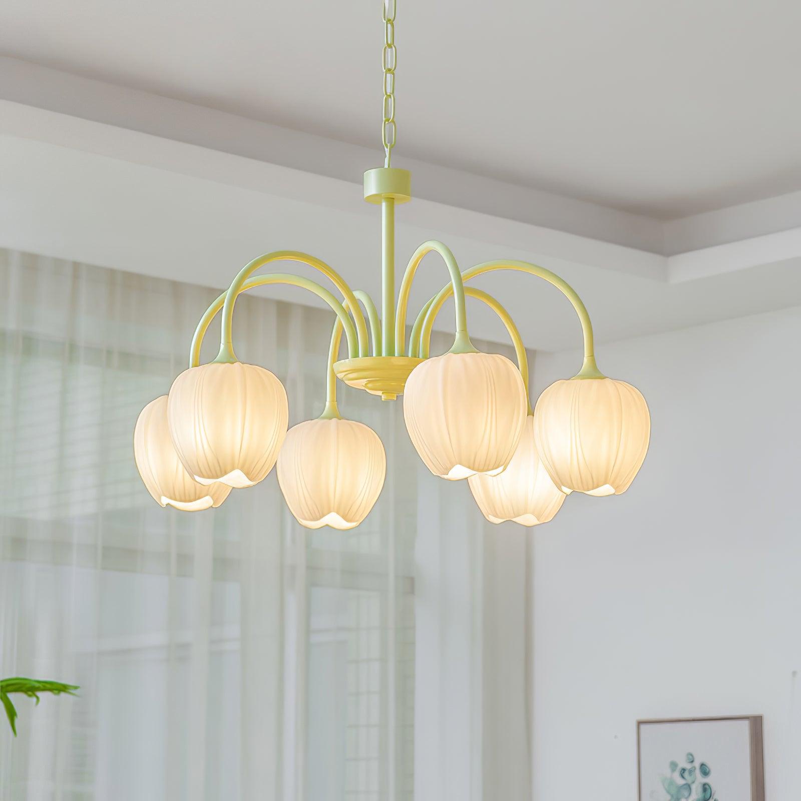 Tulip Matcha Green Crown Chandelier with White Glass Shades for Modern Living Spaces