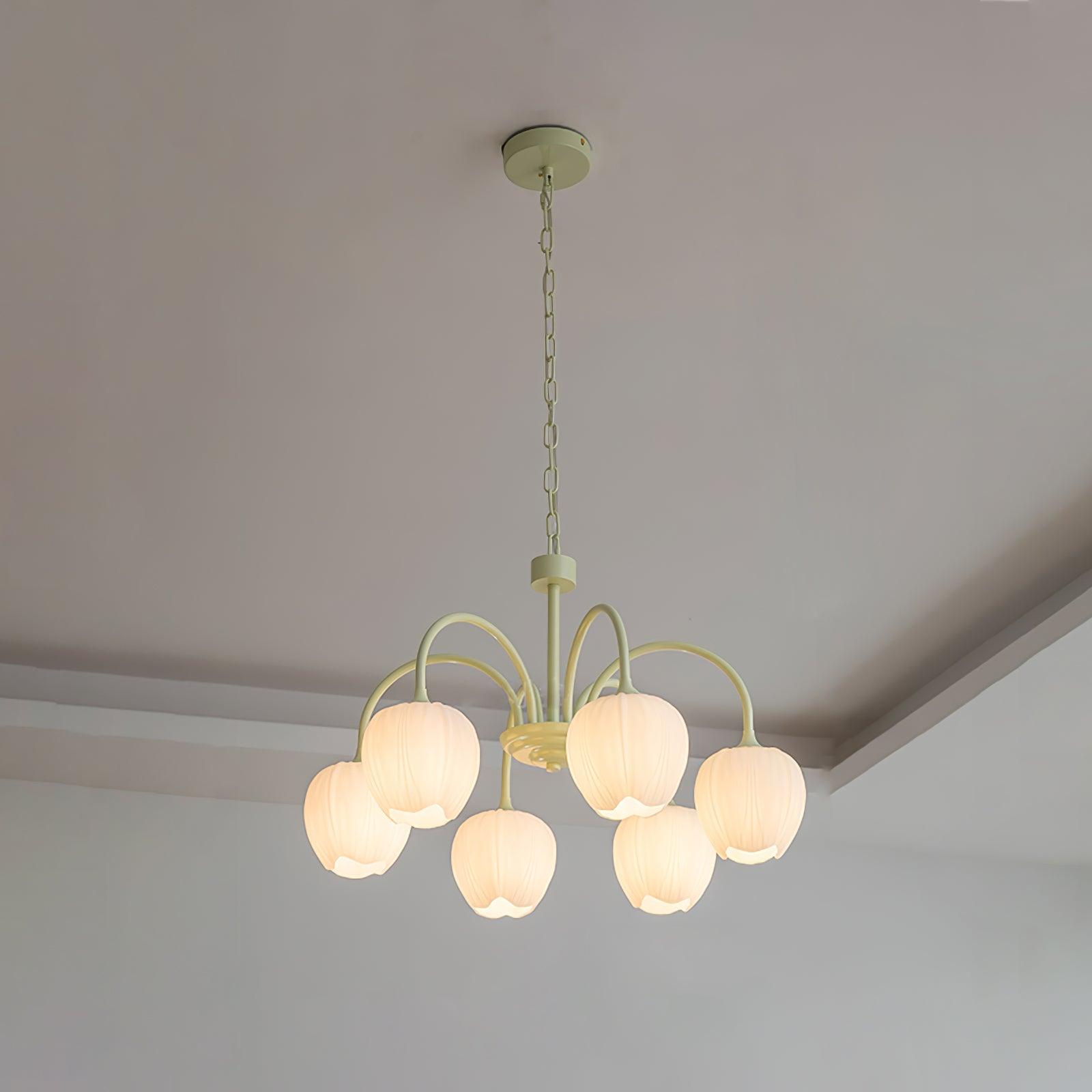 Tulip Matcha Green Crown Chandelier with White Glass Shades for Modern Living Spaces