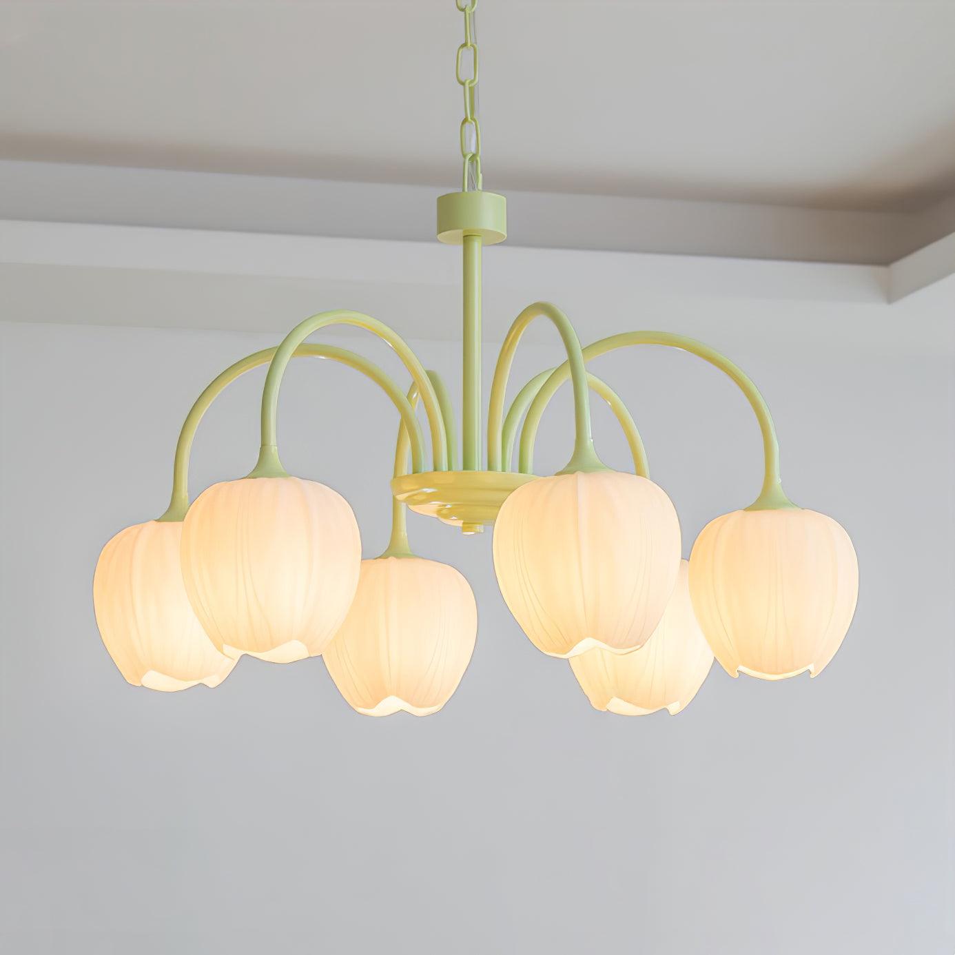 Tulip Matcha Green Crown Chandelier with White Glass Shades for Modern Living Spaces