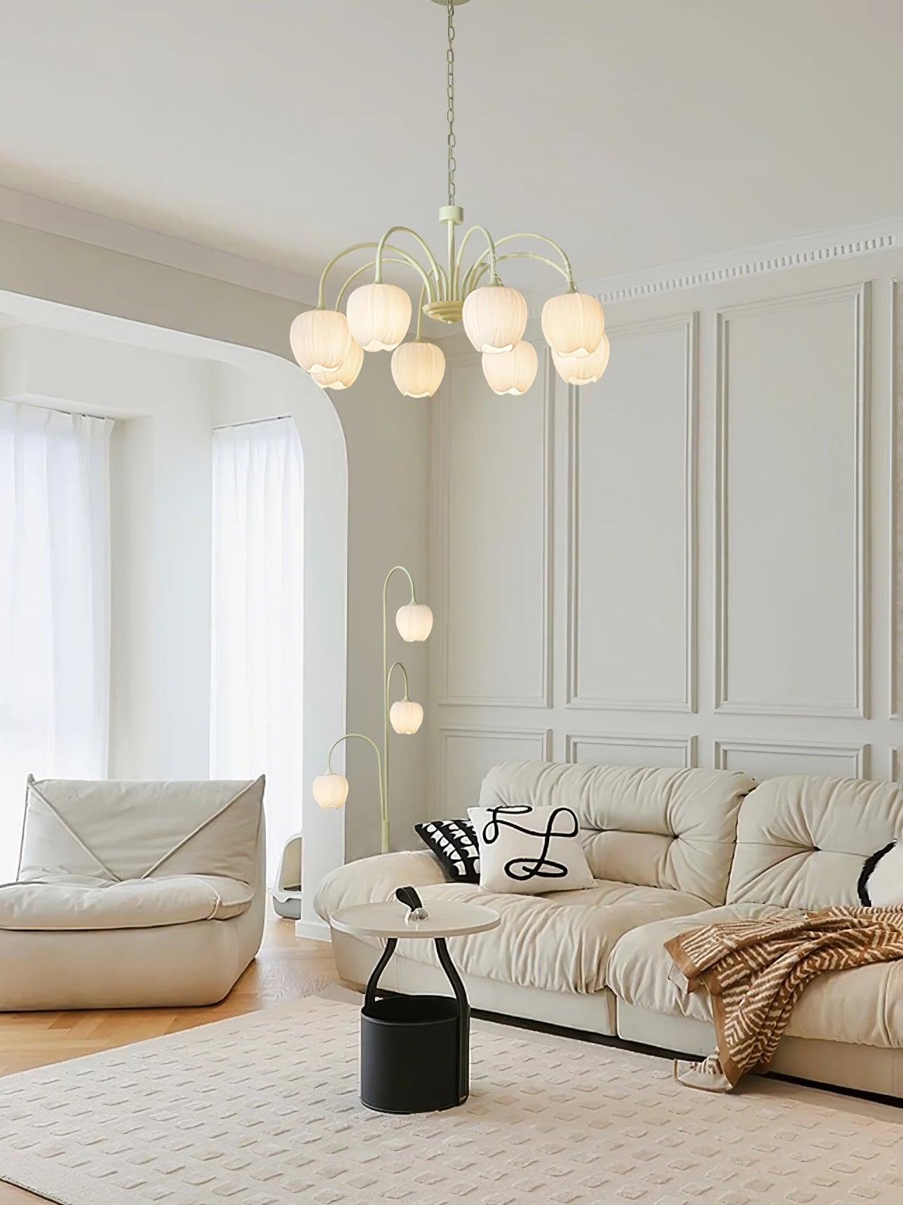 Tulip Matcha Green Crown Chandelier with White Glass Shades for Modern Living Spaces