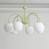 Tulip Matcha Green Crown Chandelier with White Glass Shades for Modern Living Spaces