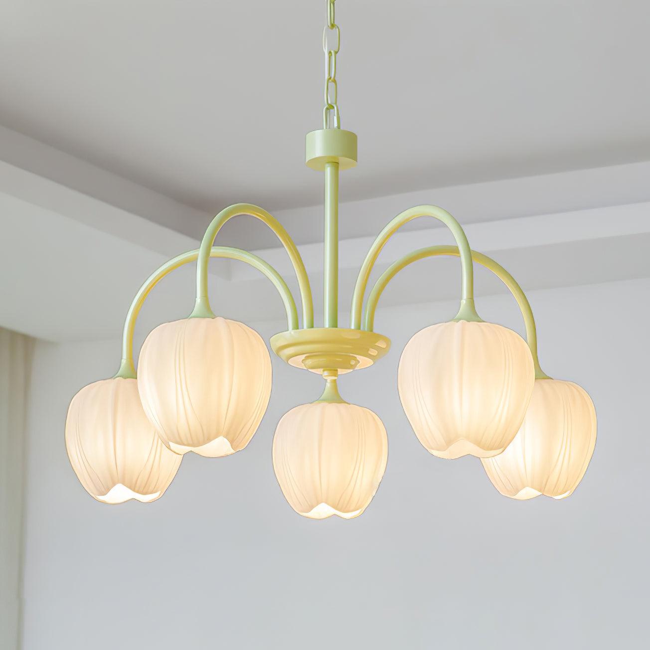 Tulip Matcha Green Crown Chandelier with White Glass Shades for Modern Living Spaces