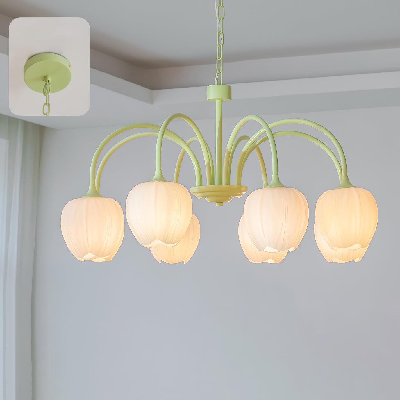 Tulip Matcha Green Crown Chandelier with White Glass Shades for Modern Living Spaces