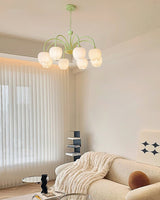 Tulip Matcha Green Crown Chandelier with White Glass Shades for Modern Living Spaces