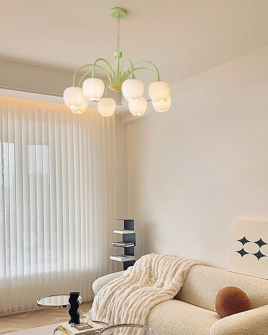 Tulip Matcha Green Crown Chandelier with White Glass Shades for Modern Living Spaces