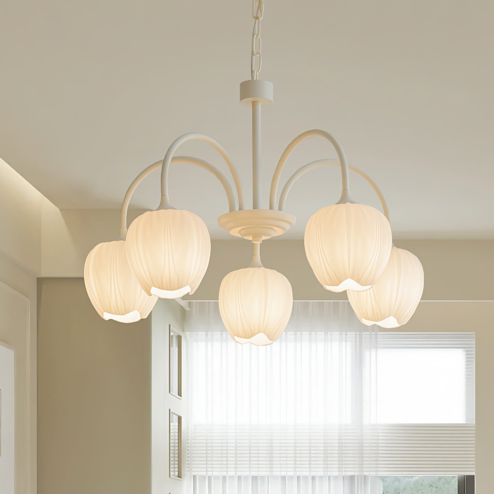 Tulip Matcha Green Crown Chandelier with White Glass Shades for Modern Living Spaces