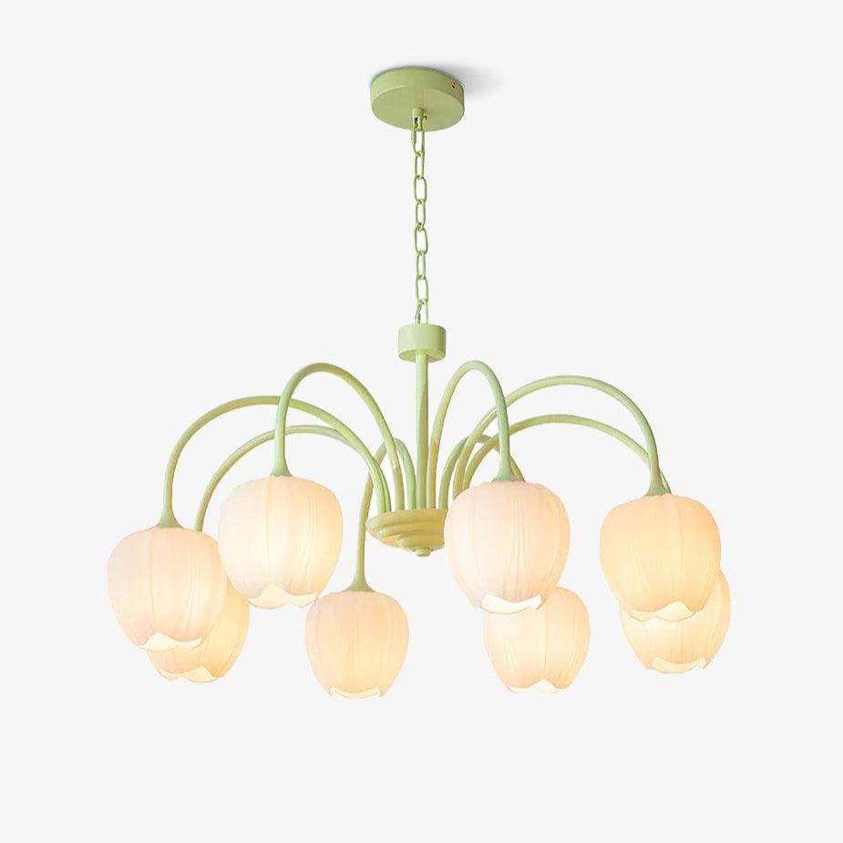 Tulip Matcha Green Crown Chandelier with White Glass Shades for Modern Living Spaces