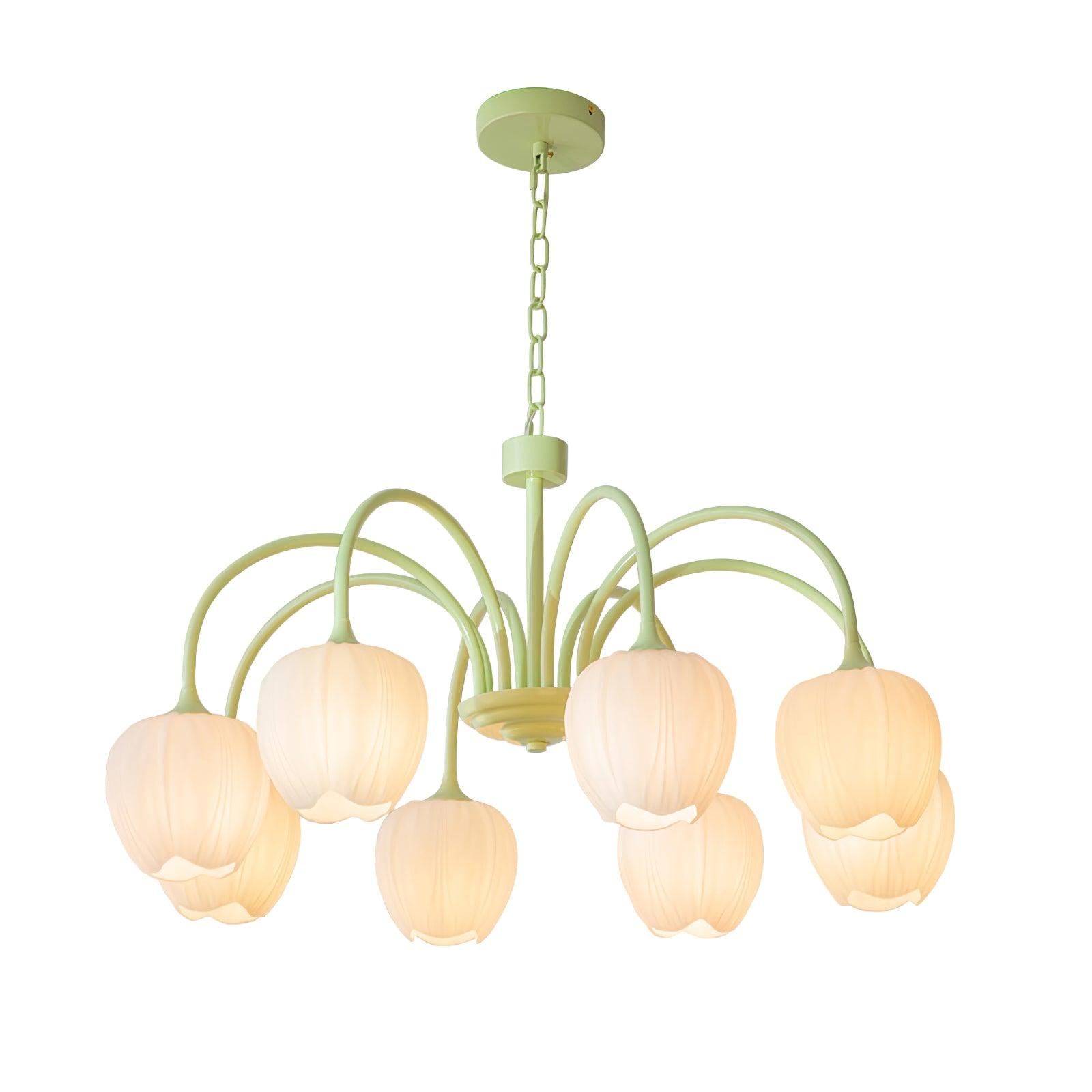 Tulip Matcha Green Crown Chandelier with White Glass Shades for Modern Living Spaces