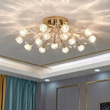 Modern Gold Glass Globe LED Flush Mount Ceiling Lamp Luxury Crystal Cluster Lighting Fixture