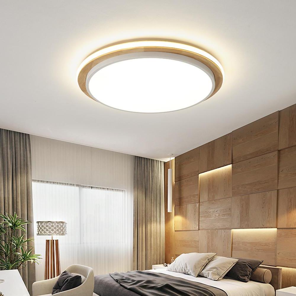 Modern Round Wood and Metal LED Flush Mount Ceiling Lamp 16 Inch Fixture