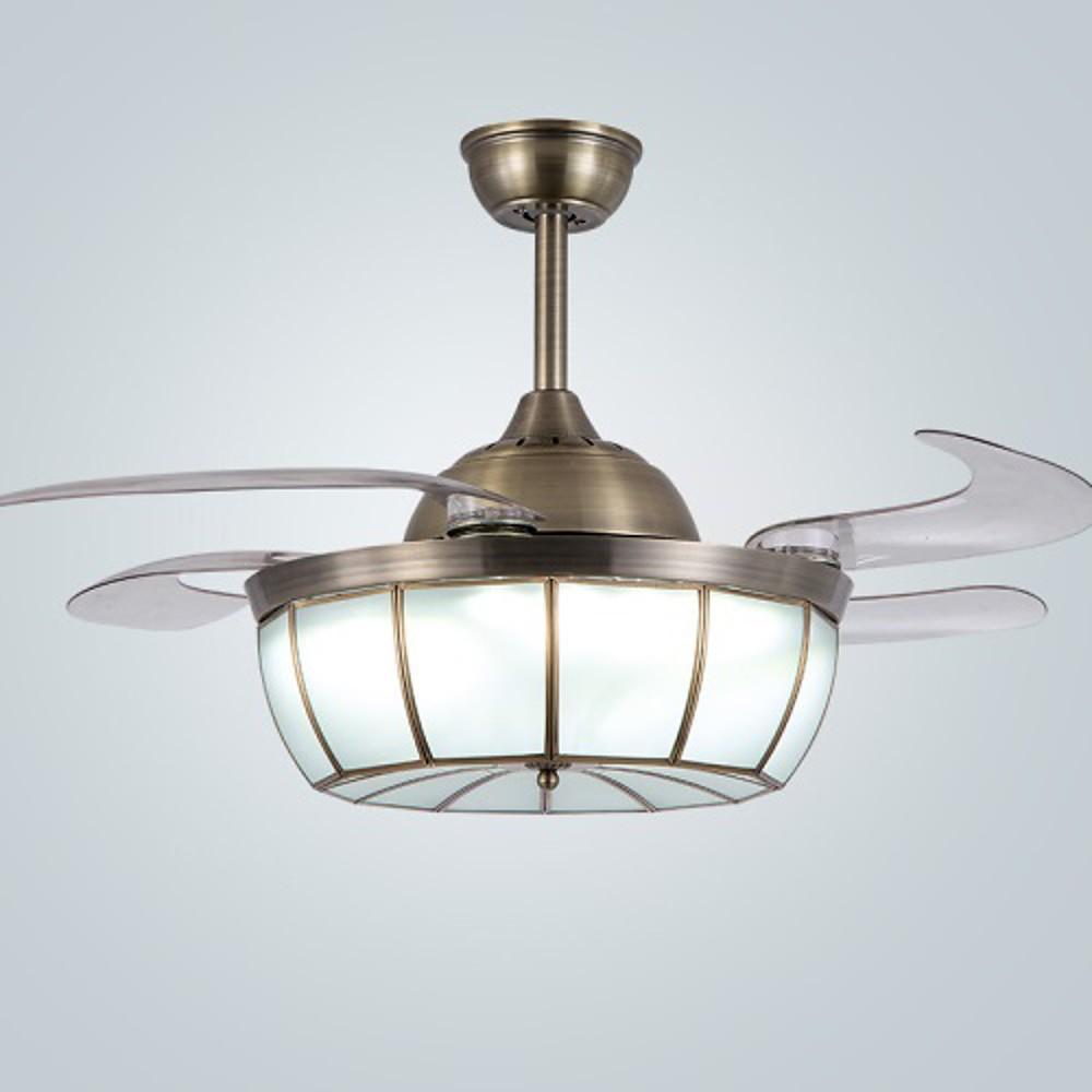 Bronze Retractable Blade Ceiling Fan with Integrated LED Light and Glass Shade for Bedrooms