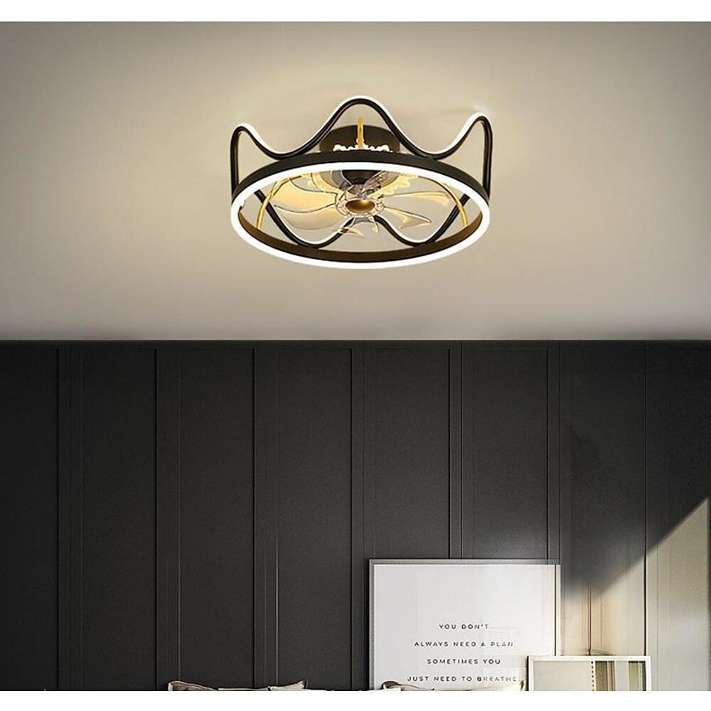 Modern Crown Shape LED Ceiling Fan with Light Dimmable Flush Mount Gold and Black Finish