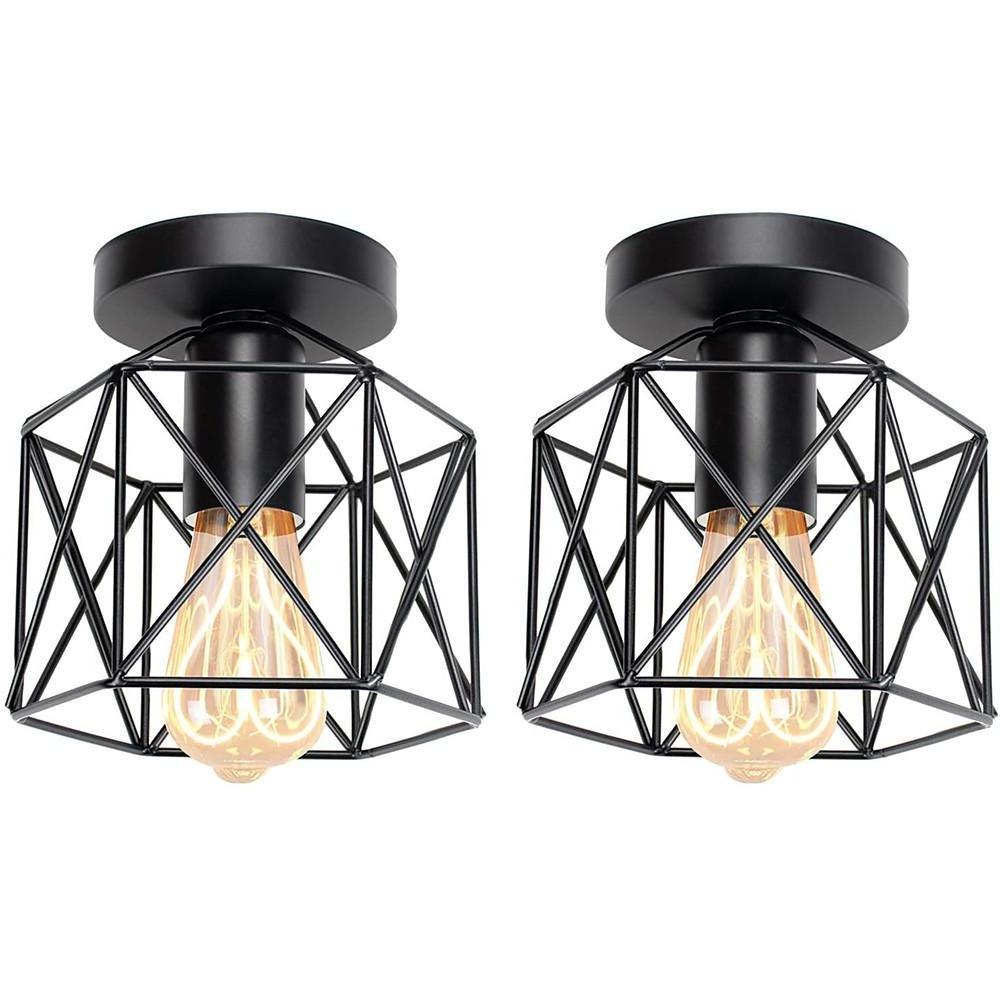 Traditional Black Metal Wire Frame Lantern Outdoor Flush Mount LED Ceiling Light