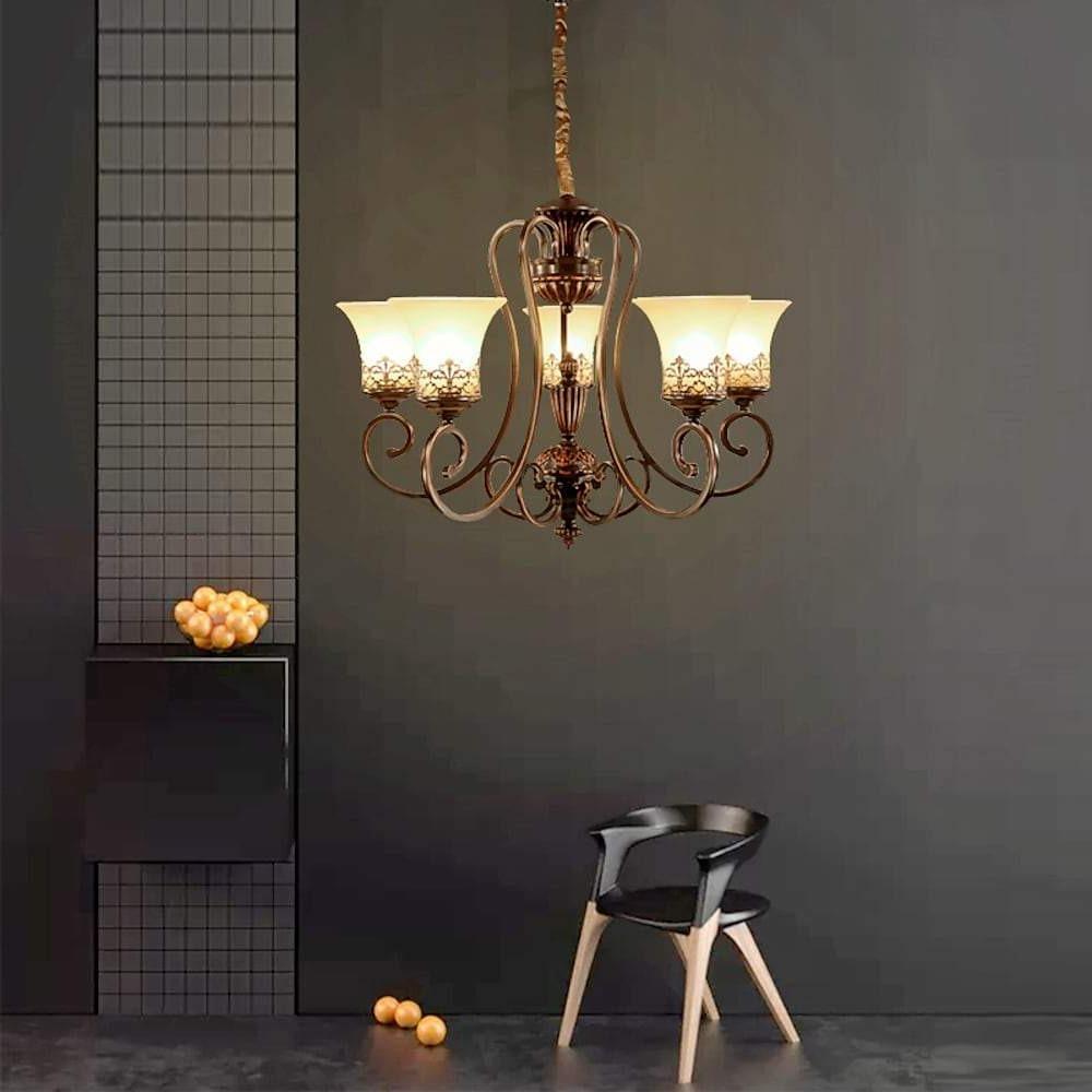 Vintage 5 Light Bending Metal Chandelier with Inverted Glass Shades and Bronze Finish