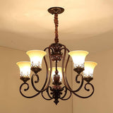 Vintage 5 Light Bending Metal Chandelier with Inverted Glass Shades and Bronze Finish