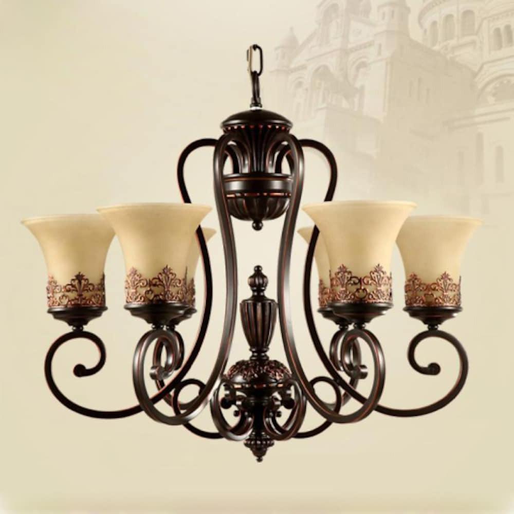 Vintage 5 Light Bending Metal Chandelier with Inverted Glass Shades and Bronze Finish