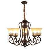 Vintage 5 Light Bending Metal Chandelier with Inverted Glass Shades and Bronze Finish