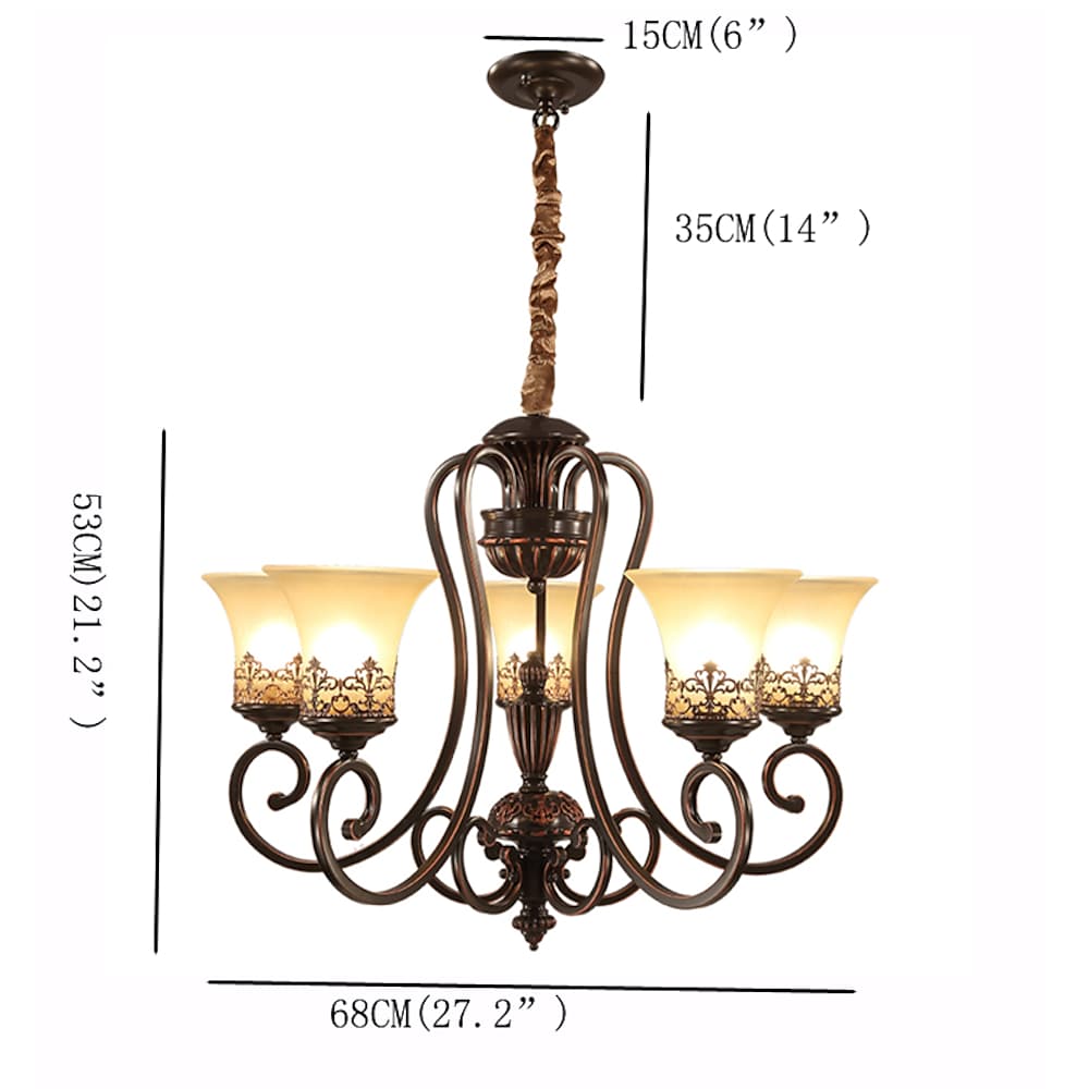 Vintage 5 Light Bending Metal Chandelier with Inverted Glass Shades and Bronze Finish