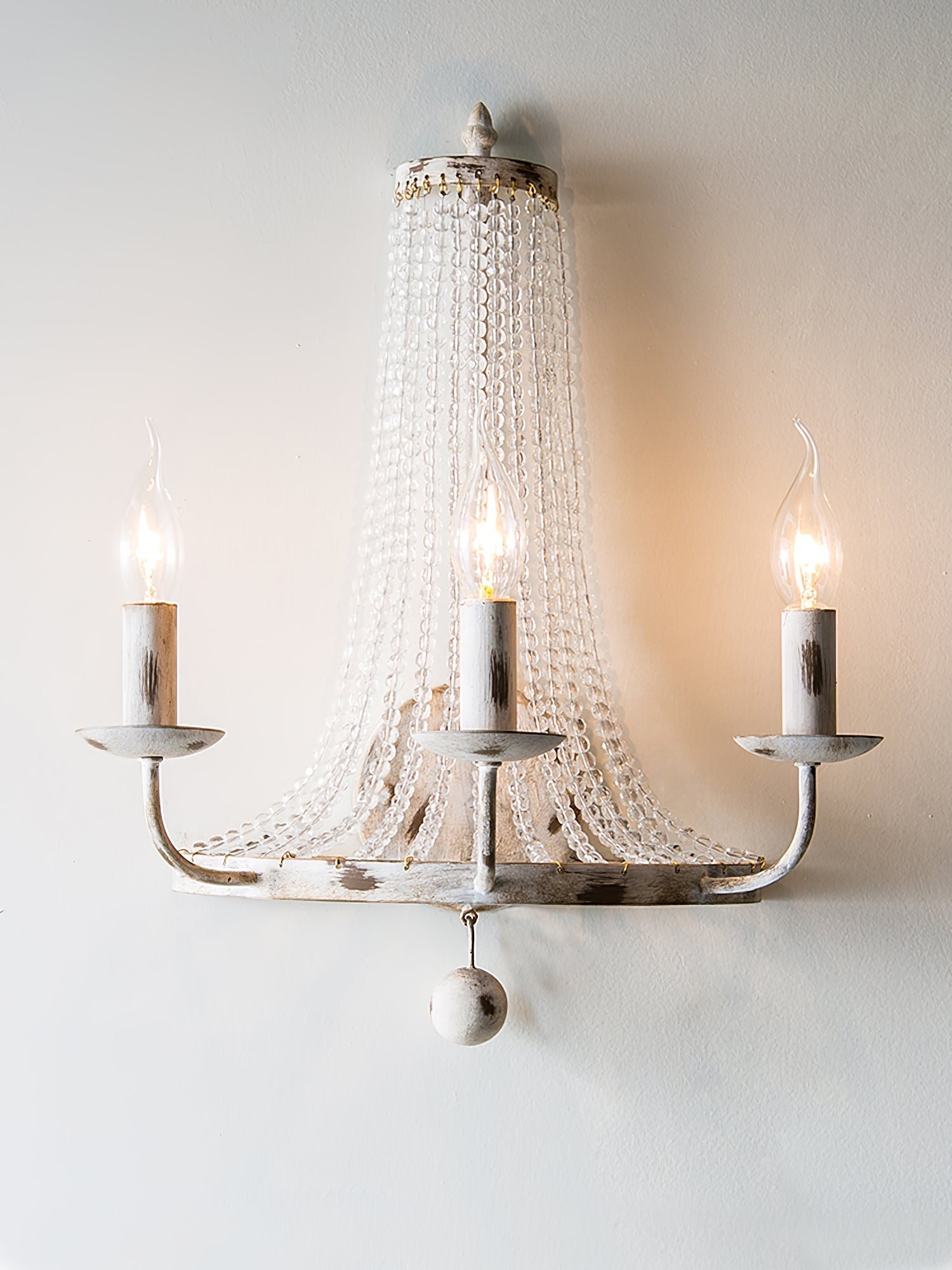 Vintage Basket Crystal Wall Sconce Traditional Distressed White Candle Wall Light