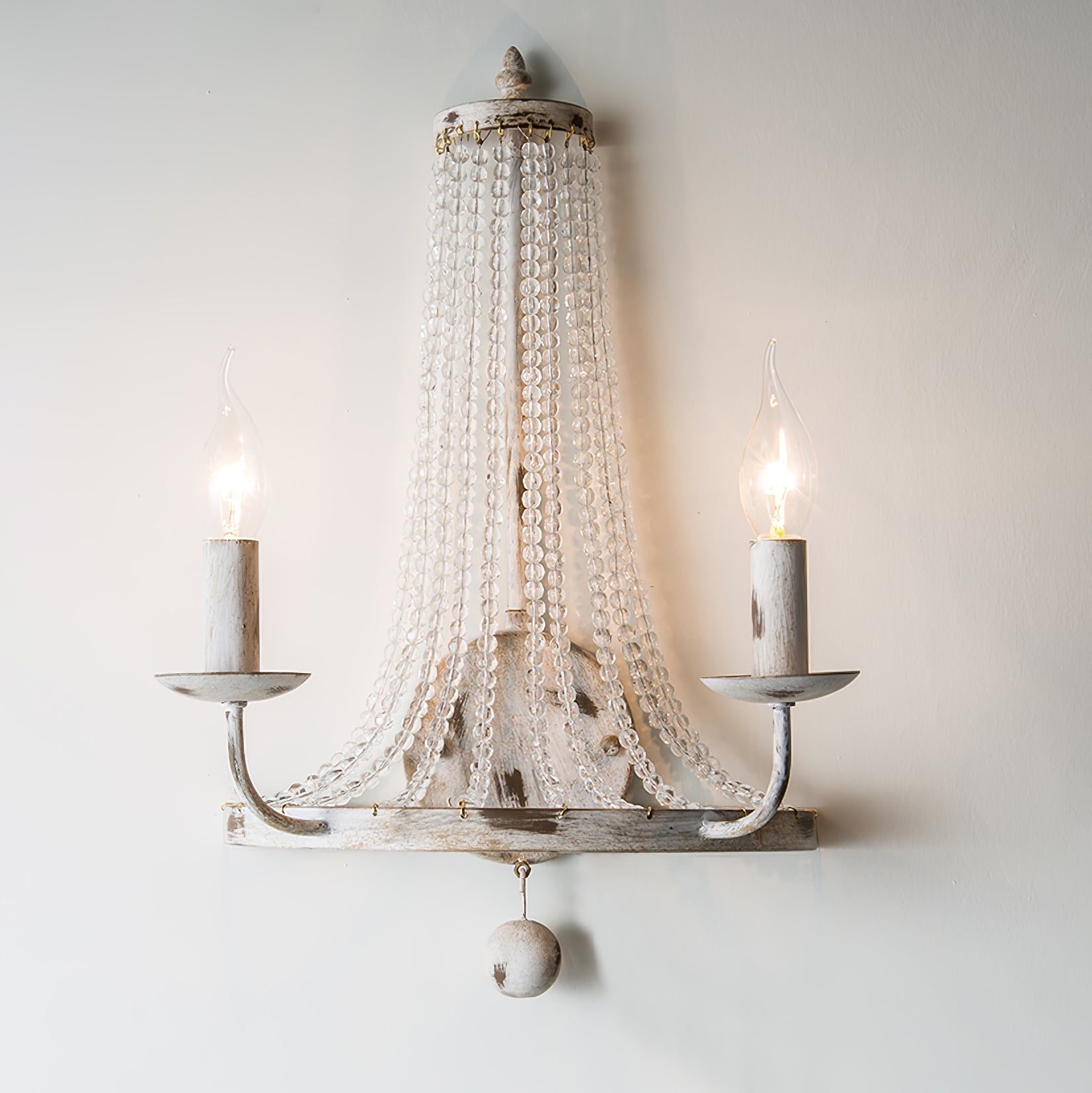 Vintage Basket Crystal Wall Sconce Traditional Distressed White Candle Wall Light