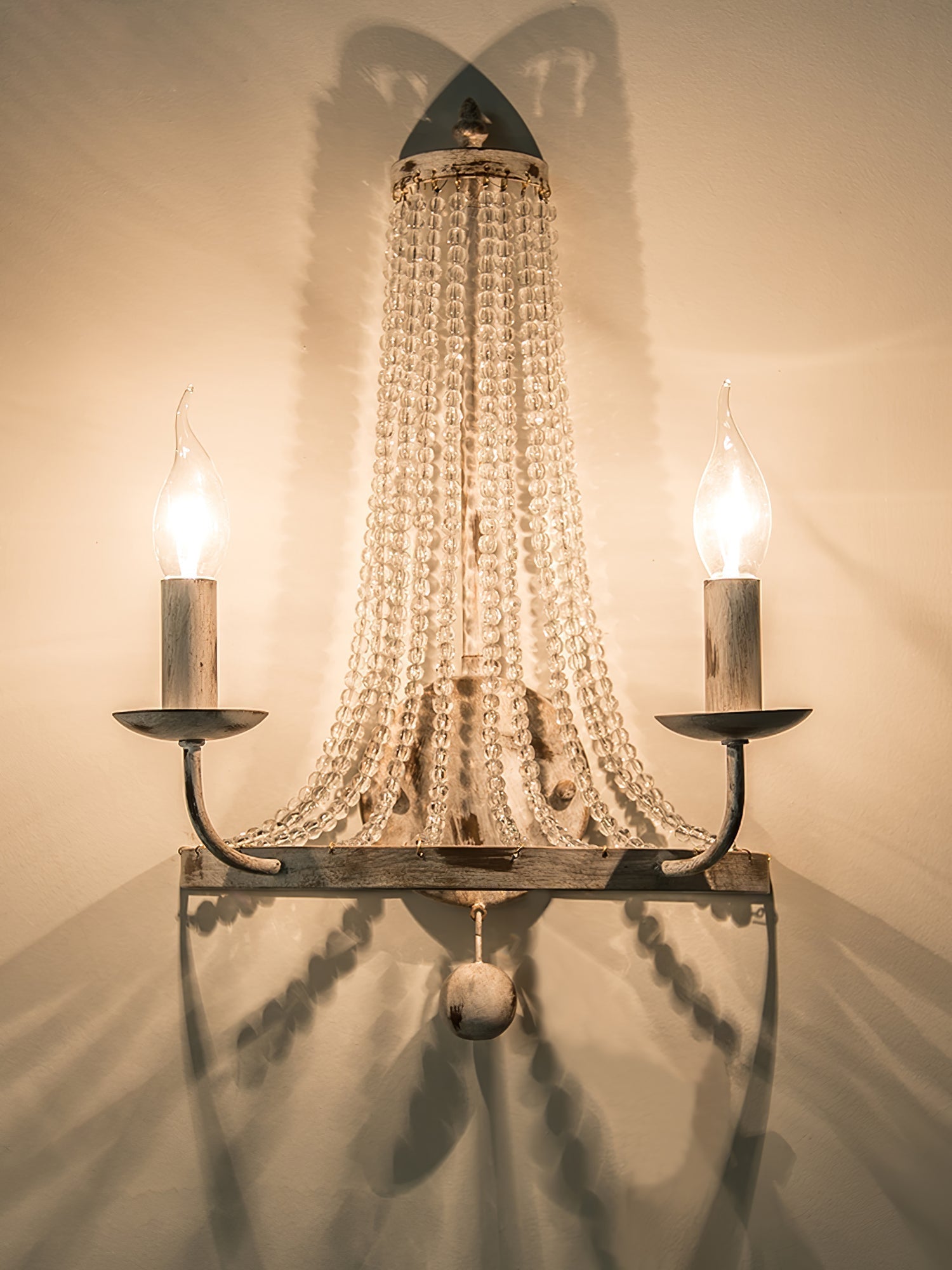 Vintage Basket Crystal Wall Sconce Traditional Distressed White Candle Wall Light
