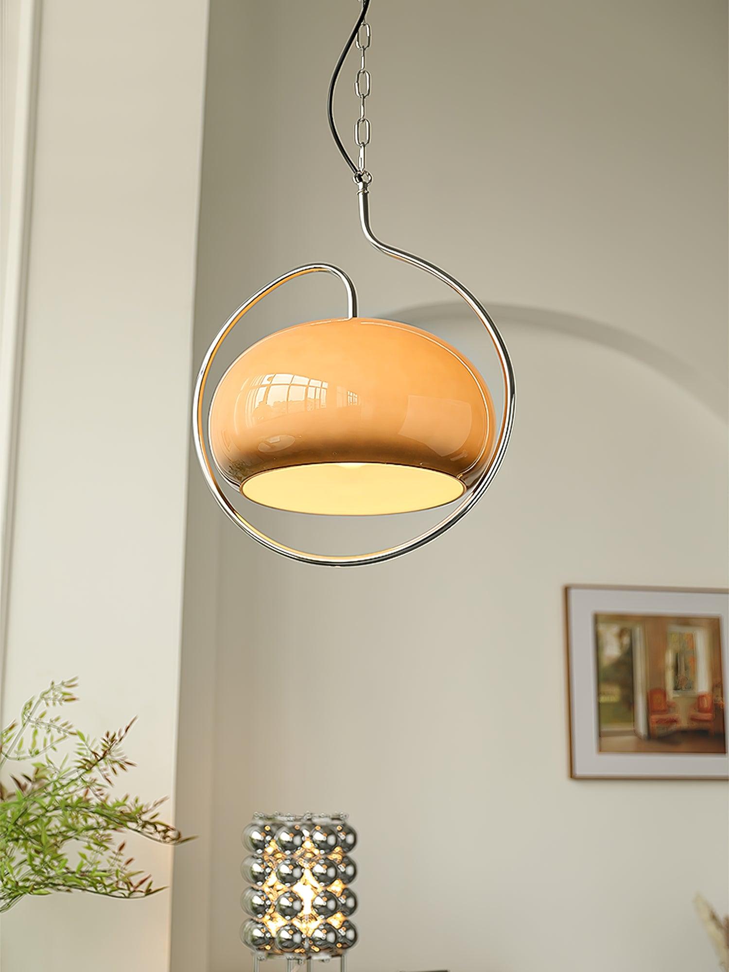 Vintage Bauhaus Medieval Pendant Lamp Chrome Cream Glass Hanging Fixture Retro Lighting