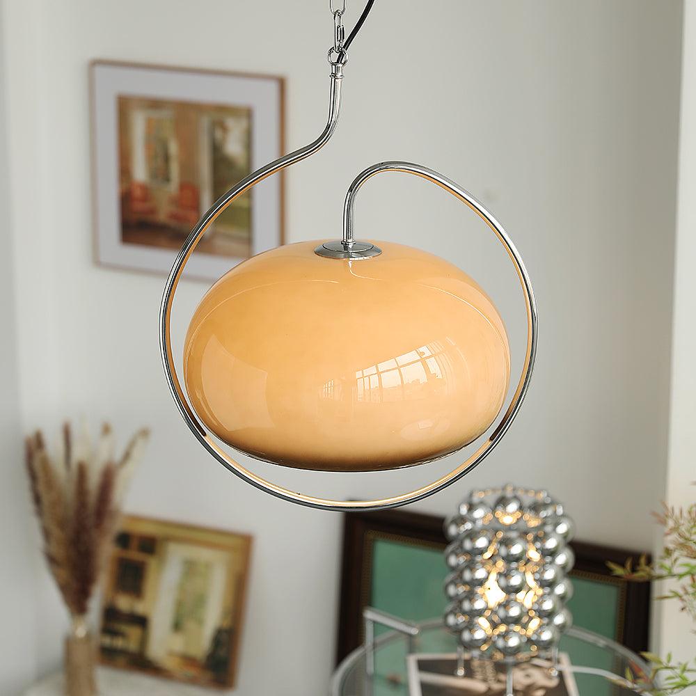Vintage Bauhaus Medieval Pendant Lamp Chrome Cream Glass Hanging Fixture Retro Lighting